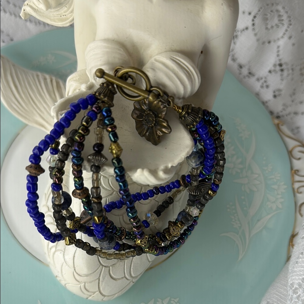 6 Strand Handmade Blue Purple Brown Beaded Bracelet